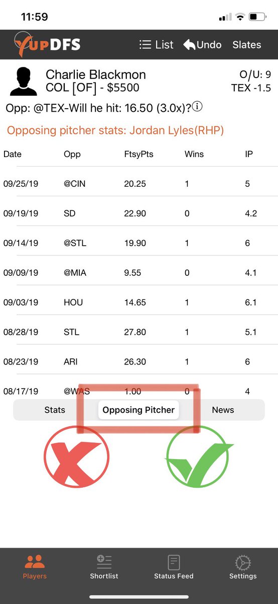 yupdfs's tweet photo. A new feature we’ve added is users can now see the opposing pitcher’s stats for hitters (&amp; pitchers) while Yupping through. Hit the Opposing Pitcher tab for more those stats

#dfs #DraftKings #MLBOpeningDay #mlb #mlbdfs #dailyfantasy #sports #sportsbet #FridayMotivation #friyay https://t.co/MMtgIJW4jY