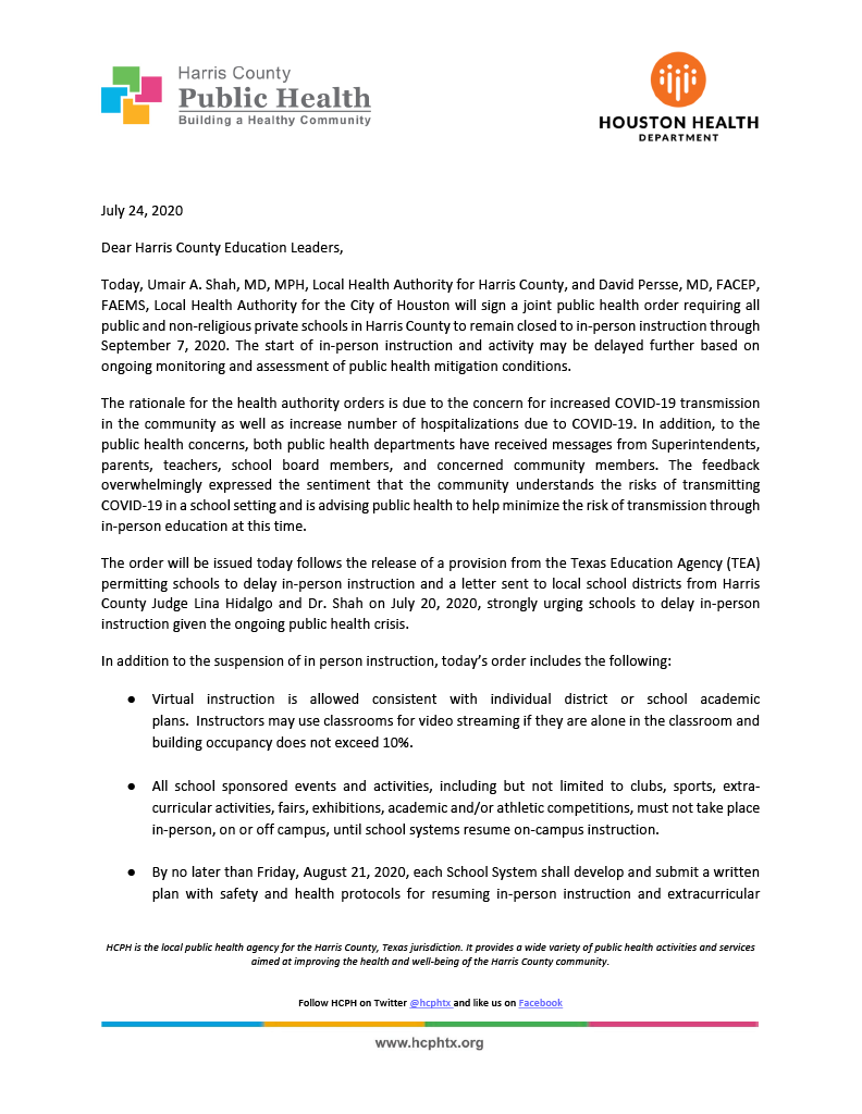 hcphtx's tweet photo. 🚨Today @ushahmd, Local Health Authority (LHA) for Harris County, and David Persse, LHA for @HoustonTX will sign a joint public health order requiring all public and non-religious private schools in #HarrisCounty to remain closed to in-person instruction through Sept. 7, 2020. https://t.co/Fg9I5UJqWK