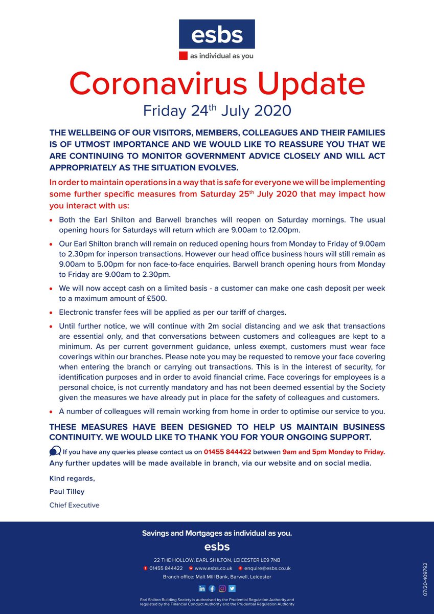 earlshiltonbs's tweet photo. Coronavirus update: We’re pleased to announce that following Government advice we will be making some adjustments https://t.co/LuD4IEYzSo. Please be aware face coverings will be mandatory, unless exempt, when visiting a branch from today. https://t.co/nEByqIzODV