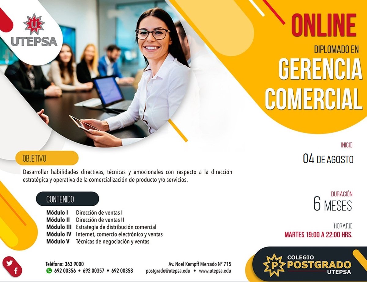 postgradoUtepsa's tweet photo. Fortalece y desarrolla tus habilidades directivas, técnicas y emocionales con respecto a la dirección estratégica y operativa de la comercialización de producto y/o servicios.
🔎Consulta en :
📞https://t.co/PQCFmqsKim
📞https://t.co/oAONlVY5Jl
📞https://t.co/d3KjA7GI6Q https://t.co/UkIgkjweRT