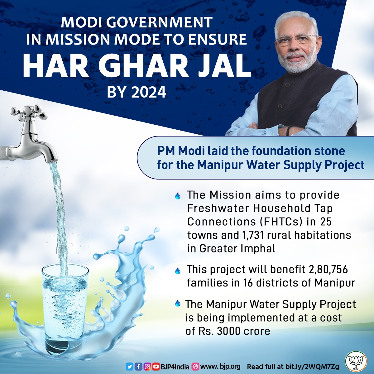 BJP4India's tweet photo. Modi government is on a mission to ensure ‘Har Ghar Jal by 2024’.

PM Shri @narendramodi laid the foundation stone for the Manipur Water Supply Project which aims to provide Freshwater Household Tap Connections in 25 towns and 1,731 rural habitations in Greater Imphal. https://t.co/PCVUxb8kTl