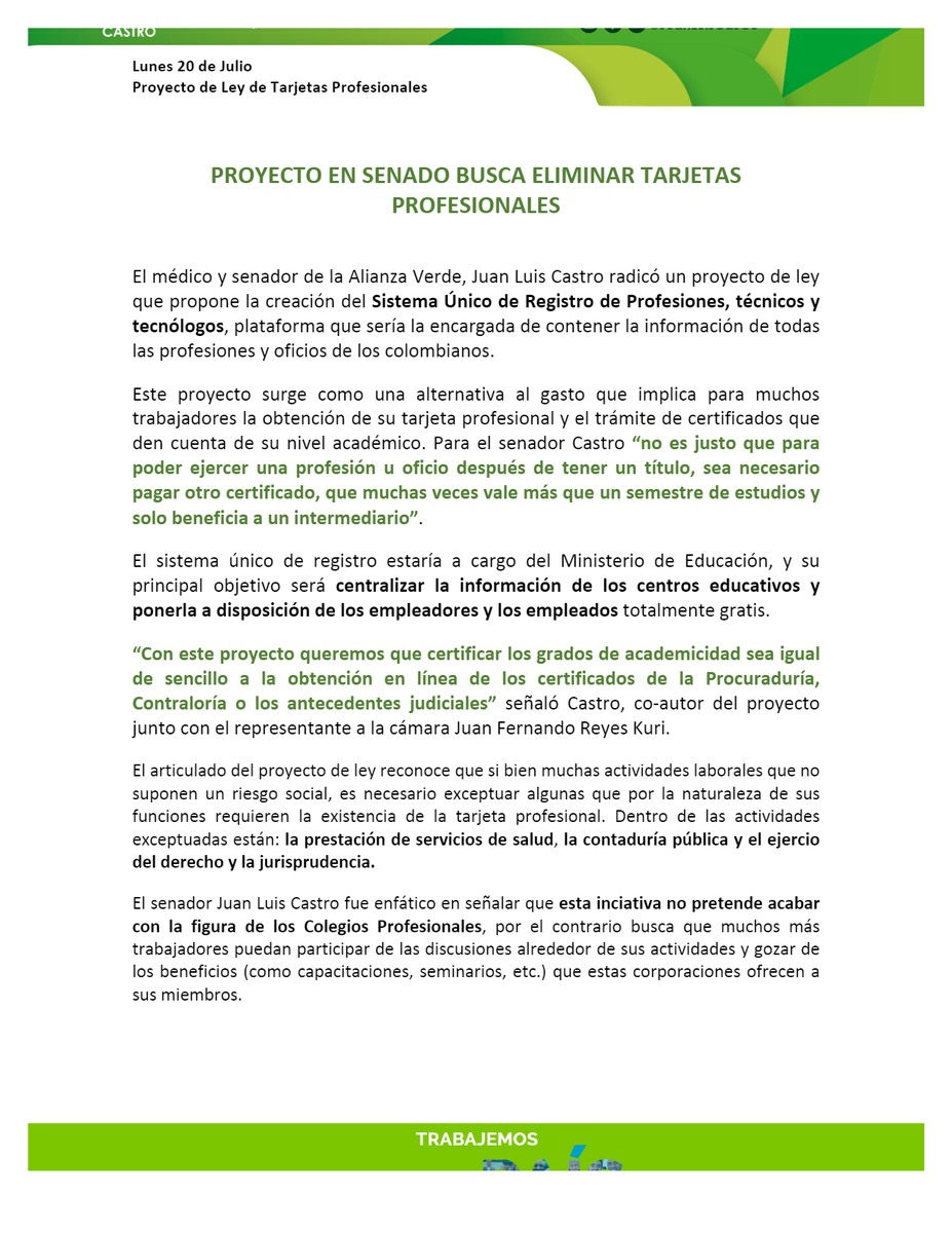 SecreSenado's tweet photo. El senador @JuanLuisCasCo del @PartidoVerdeCoL radicó un PL que propone la creación del Sistema Único de Registro de Profesiones, técnicos y tecnólogos y pretende eliminar la figura de las tarjetas profesionales. @SenadoGovCo @NoticieroSenado @CCongresoSenado #NotiSecSen https://t.co/VR4FejJrwP