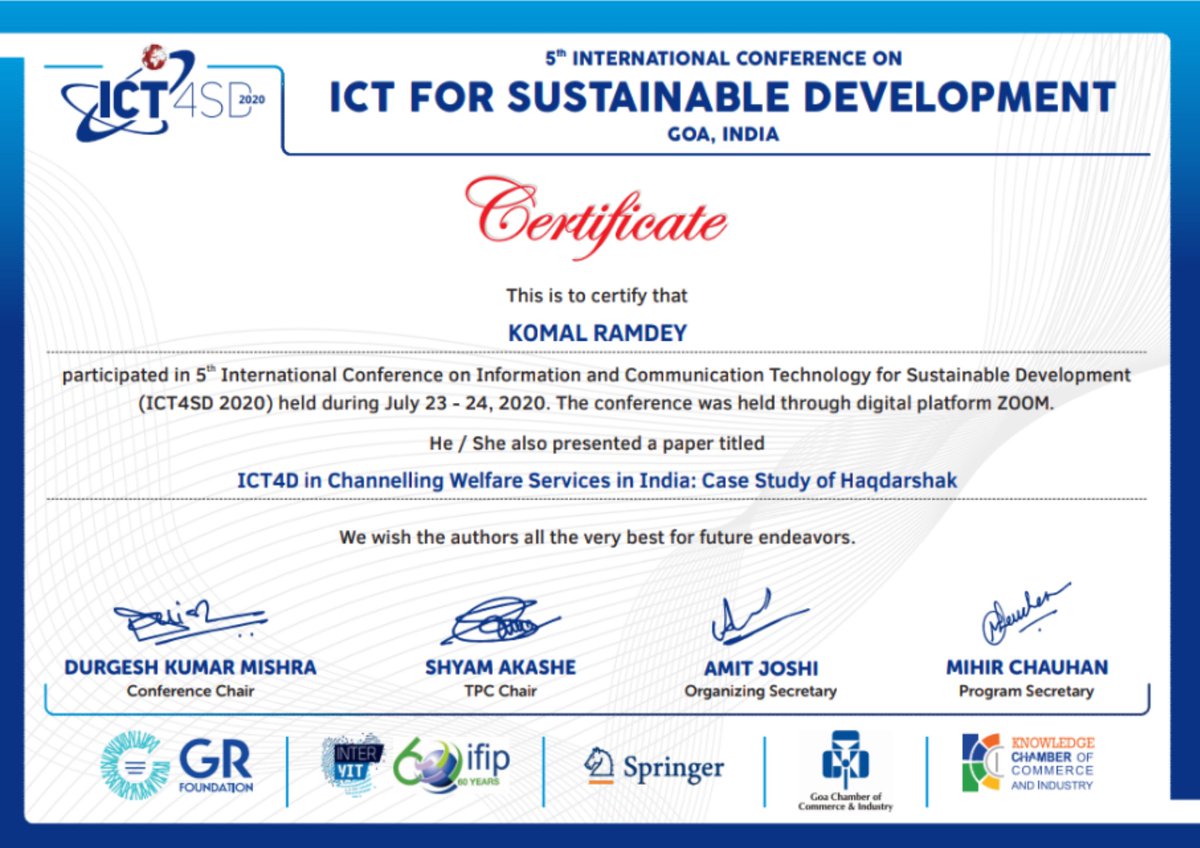 KomalRamdey's tweet photo. Presented a paper at @ict4sd2015 Conference on "Channeling Welfare Services in India". Special thanks to @BrandtSchool and Dr. Bokhari for the support and encouragement
#Sustainability #DigitalIndia #Inclusion #SDGs #Partnerships #ICT4SD #ict4good https://t.co/d6EPYQiAGt