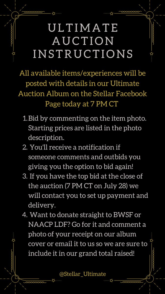 StellarUltimate's tweet photo. Bidding opens in just under 8 hours! Check out the instructions on how to participate. Link to the Auction Album in our bio. All proceeds donated to @BWSFoundation and @NAACP_LDF https://t.co/QeiaxJmyRs