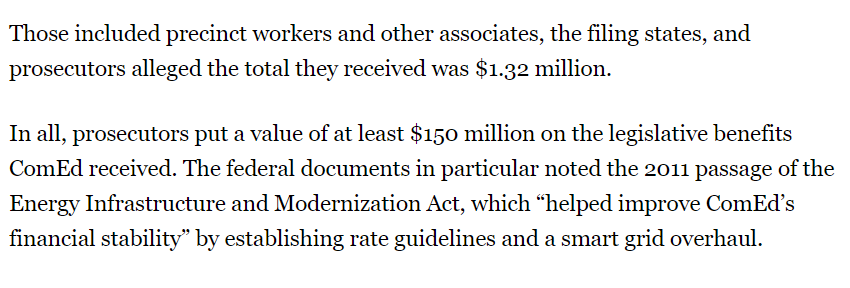 Worse this case shows how cheap these politicians sell us. Madigan & his allies got $1.32M in bribes for $150M in benefits. Not even a penny on the dollar. I guess that's why they sell out in bulk!