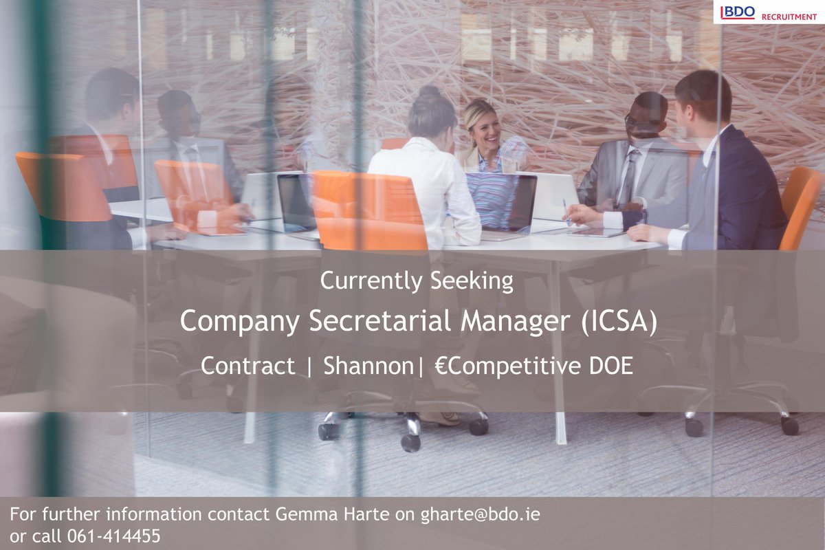 BDORecruitment's tweet photo. Are you an experienced Company Secretarial Manager (ICSA qualified) seeking a new opportunity?

For further information contact Gemma Harte on 061-414455 or email gharte@bdo.ie

Apply: https://t.co/NaMcUXIFTd https://t.co/UDR2zbW678