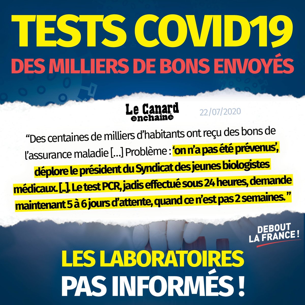 dupontaignan's tweet photo. Nouvelle preuve d'incompétence du Gouvernement... Les laboratoires censés faire les tests #Covid19 n'ont jamais été prévenus de l'envoi par la Sécurité Sociale des milliers de bons pour se faire dépister. Ils n'ont donc pas pu s'organiser pour gérer le flux surprise de patients ! https://t.co/46HXN3CibY