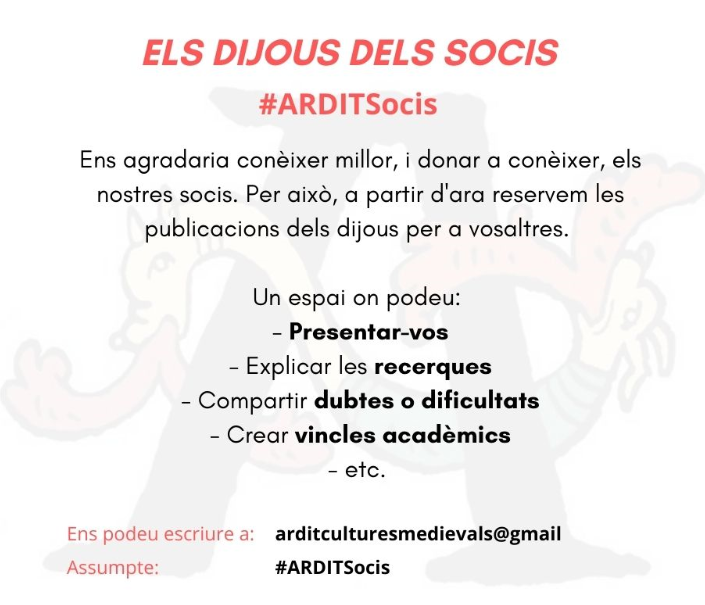ARDITMedieval's tweet photo. Ets soci o sòcia d'#Ardit?
Et convidem a participar dels "dijous dels socis", un espai a les xarxes socials d'Ardit protagonitzat per vosaltres, amb l'objectiu de conèixer-vos millor i donar-vos a conèixer.
Us esperem #ARDITSocis!☺️
Més detalls al nostre #facebook o #instagram. https://t.co/6r3GNnd968