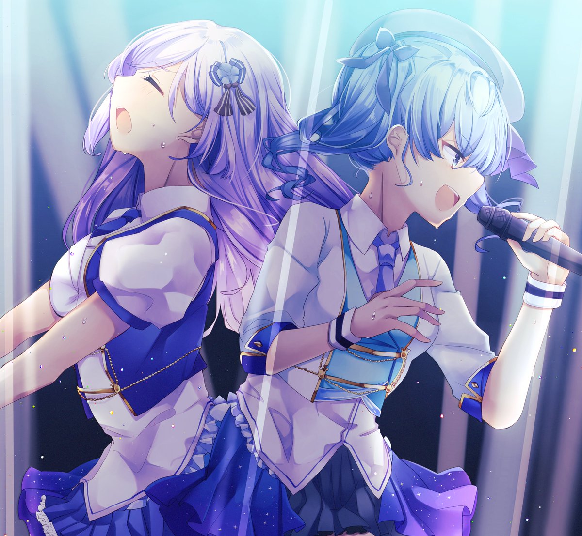 hoshimachi suisei multiple girls 2girls singing music microphone blue hair open mouth  illustration images