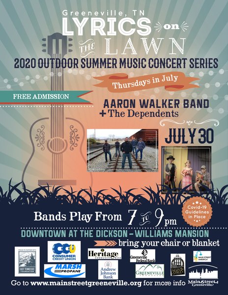 WGRVnews's tweet photo. Main Street: Greeneville's 2020 Summer Concert Series fifth and final show of the season is Thursday, July 30, at 7:00 PM. More at https://t.co/LPkWY2aH6W. @walker_band @BarterTheatre @AJBank_TN @consumer_cu @etfoundation @wendean7 @fatzcafe @GreenevilleTown @GreenevillePD https://t.co/kRT7RrlUUh