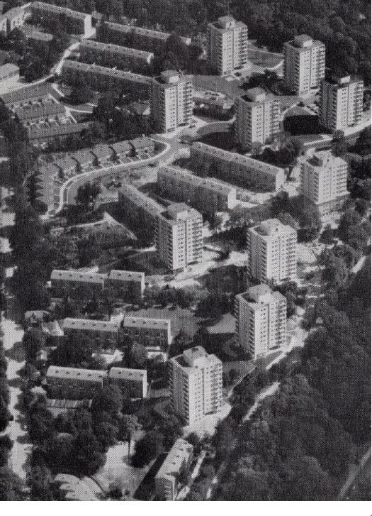 4/ Housing design was subsequently handed back to the Chief Architect’s department and it produced what was called ‘probably the finest low-cost housing development in the world’ at Alton – Alton East (left) in New Humanist style; Alton West in Brutalist.