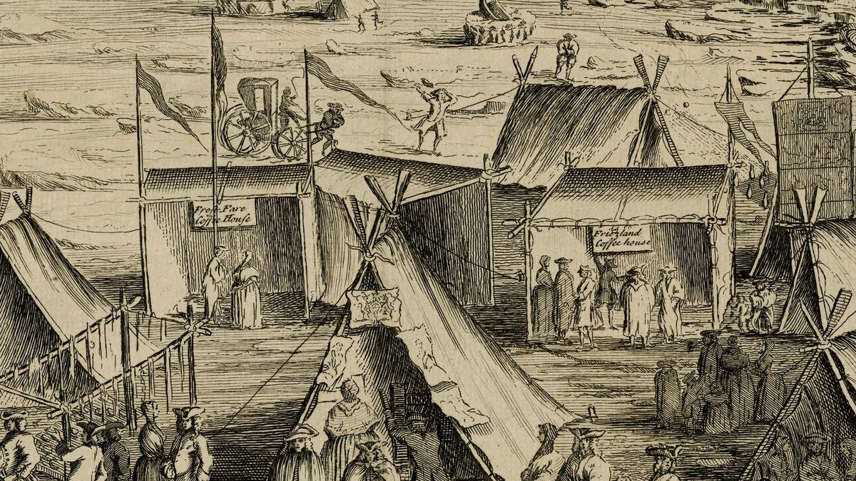 When the Thames froze over in the winter of 1739/40, as was customary an impromptu fair was held on the ice. This engraving depicts a ‘Frost Fare Coffie House’ and a ‘Friezland Coffee house’ among the temporary booths. 🧊☕️❄️