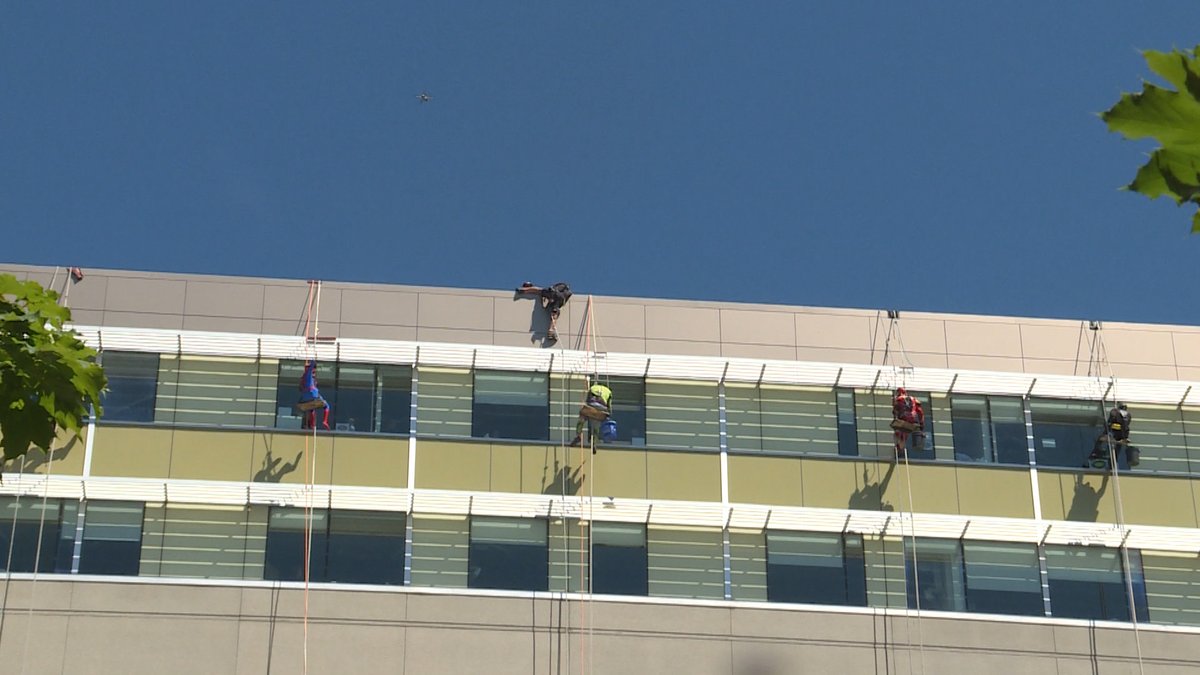 JennLBasa's tweet photo. It's a bird, it's a plane.. it's superheroes spotted at the #KGH 
Today, hi-rise window cleaners dressed up as superheroes, while paying a visit to the children at the pediatric ward. #ygk @CKWS_TV https://t.co/PQeMzXB3NW
