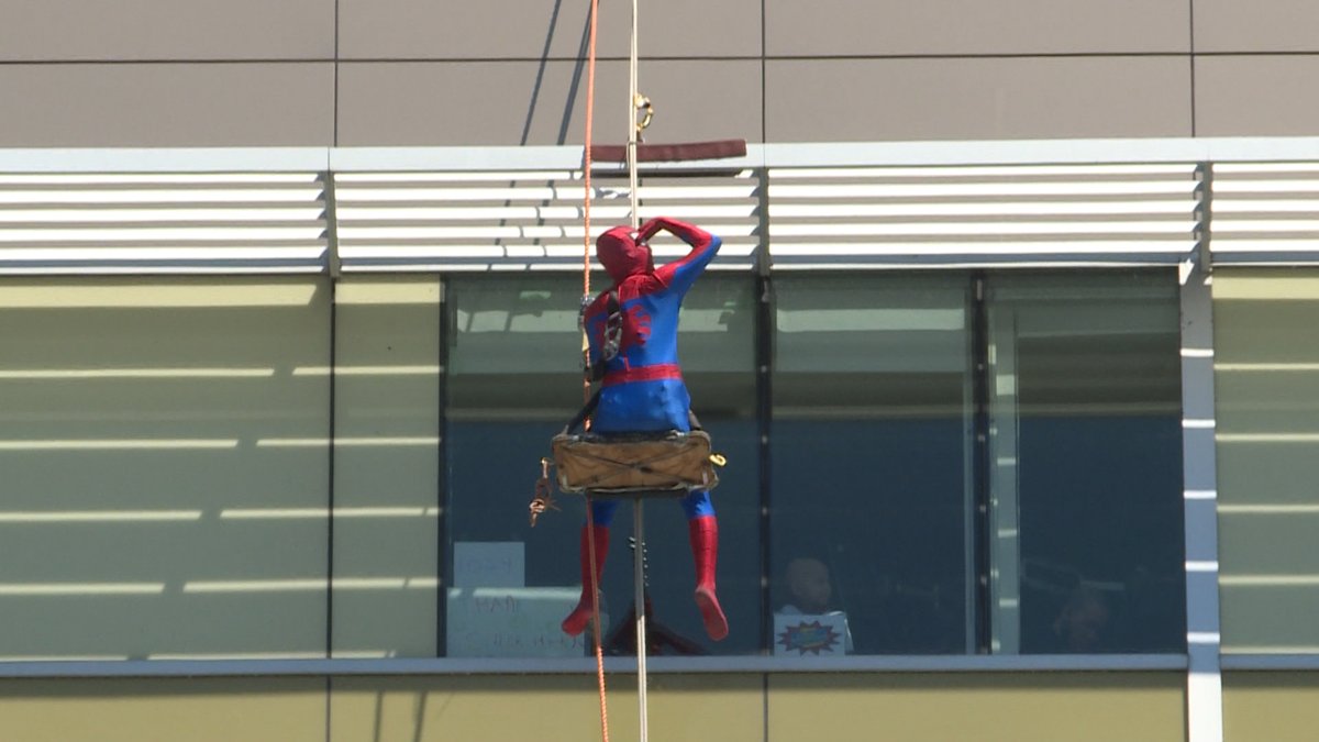 JennLBasa's tweet photo. It's a bird, it's a plane.. it's superheroes spotted at the #KGH 
Today, hi-rise window cleaners dressed up as superheroes, while paying a visit to the children at the pediatric ward. #ygk @CKWS_TV https://t.co/PQeMzXB3NW