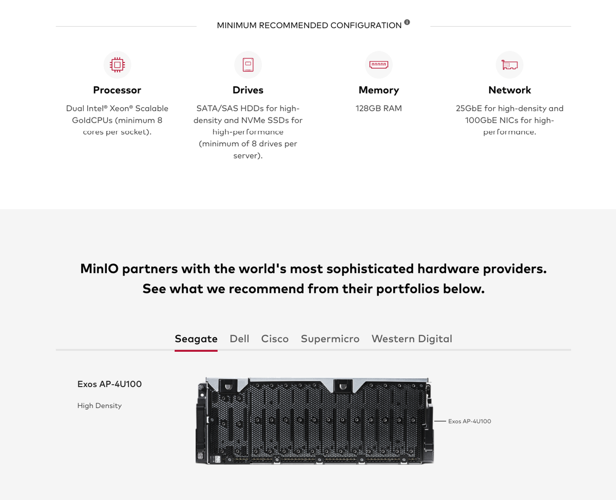 Minio's tweet photo. Given we are #softwaredefined we often get questions as to what hardware to use - well we have a page for that: https://t.co/jiPtwcRrbr @seagate @hpe @cisco @dell #priceperformance https://t.co/TKl1FF3TOu