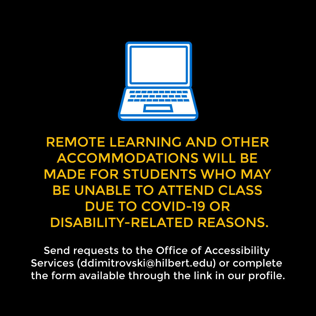 HilbertCollege's tweet photo. FYI: Remote learning and other accommodations will be made for students who may be unable to attend class due to COVID-19 or other disability-related reasons. Learn more at https://t.co/uwnNRKngqc https://t.co/MAapGz98EL