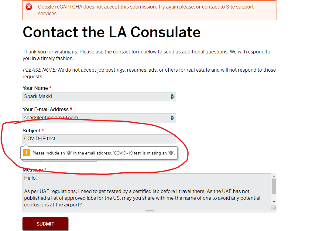 Sparkileptic's tweet photo. @UAEinLA Hello. I am attempting to send you a message, but your form is treating the subject line as an email address and preventing me from submitting the query. (1/2) https://t.co/undDY6VyQt