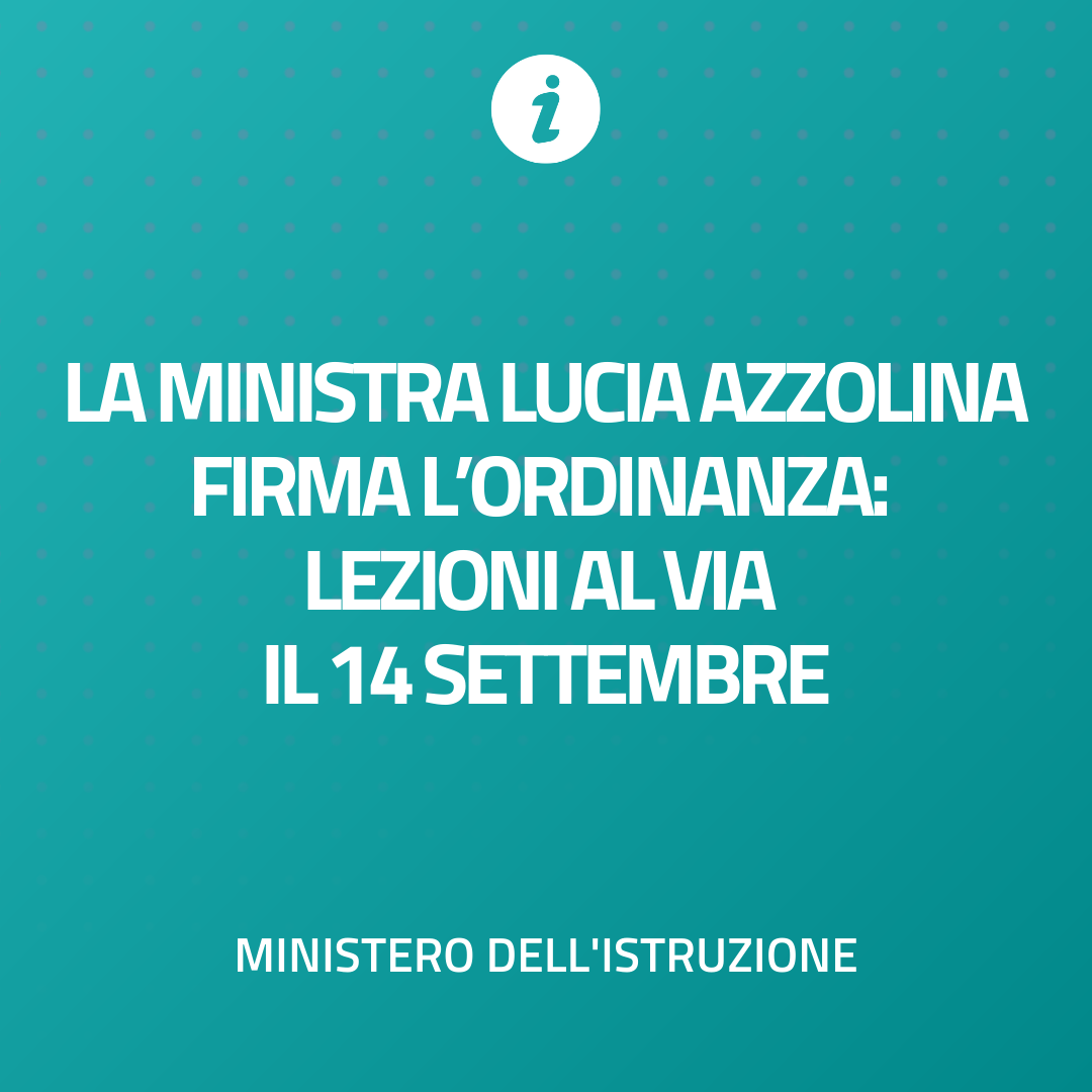 La Ministra <a href="/AzzolinaLucia/">Lucia Azzolina</a> ha firmato l’ordinanza che stabilisce l’avvio delle lezioni per l’anno scolastico 2020/2021 dal giorno 14 settembre 2020. 
Al via dal 1° settembre il recupero degli apprendimenti dell’anno 2019/2020.

▶️ miur.gov.it/web/guest/-/sc…