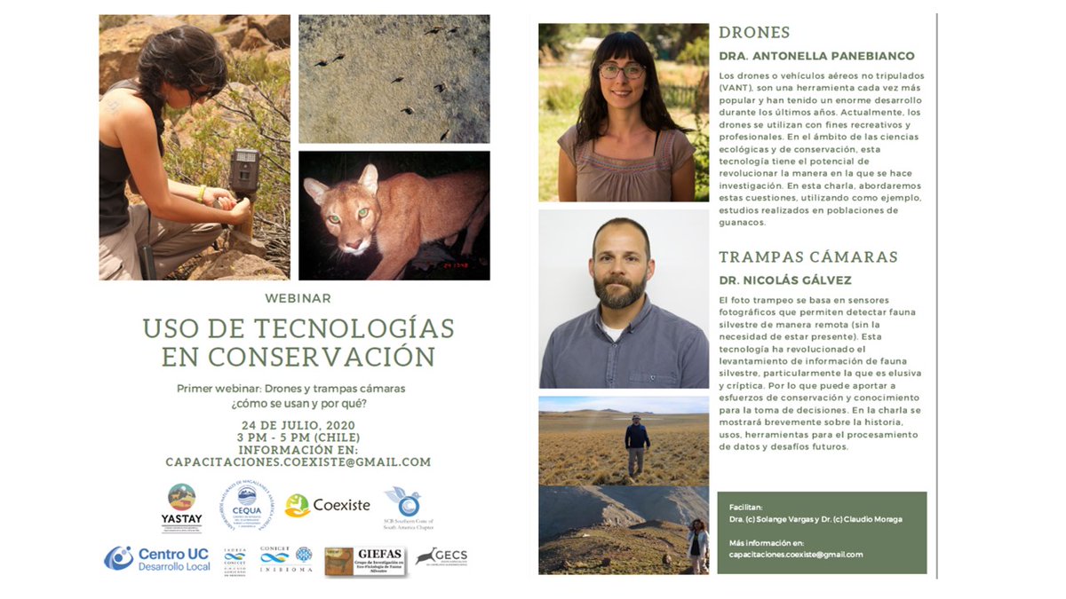 NicolasGalvezR's tweet photo. Hoy! 📅👇#webinar “Uso de #tecnologías en #conservación con @anto_paneb
#drones y #cameratraps para estudios de #fauna.
#coexiste @sol_vargasl y @clmoraga organizan
15hs Chile
16hs Magallanes y Argentina
#Tech4wildlife https://t.co/gTXl6yzmKu