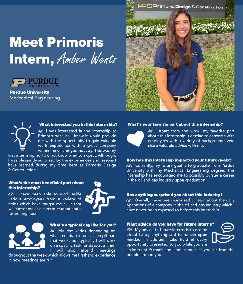 PurdueGolduster's tweet photo. We wanted to recognize one of our new members Amber on her summer internship! She has worked at @PrimServices this summer as a project/document control intern.
#beyondthenotes https://t.co/n6tXdMsqxS