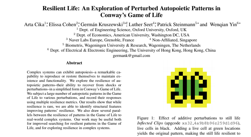 naverlabseurope's tweet photo. Interest increasing in #complexity theory as we try to understand pandemics, start-up ecosystems.. In this paper by @cika_arta @missseliss @germank et al explore Conway's #GameofLife & #resilience of complex systems. Recently given @ALifeConf https://t.co/PM8sI6cZlN #ALife2020 https://t.co/vzeAeK9YSJ