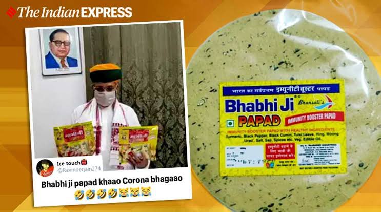 DrAMehndiratta's tweet photo. Forget #coronavaccine #covaxin of #covishield, after #Patanjali #corolina, it’s time for our desi #bhabhijipapad which will boost our immunity against #COVID19. God have mercy on us . https://t.co/Rl8AXkcNFr