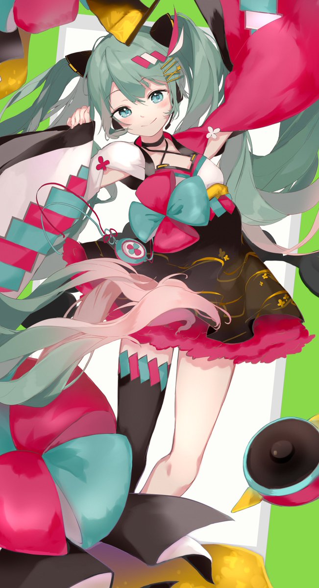 hatsune miku ,magical mirai miku 1girl solo thighhighs twintails smile long hair single thighhigh  illustration images