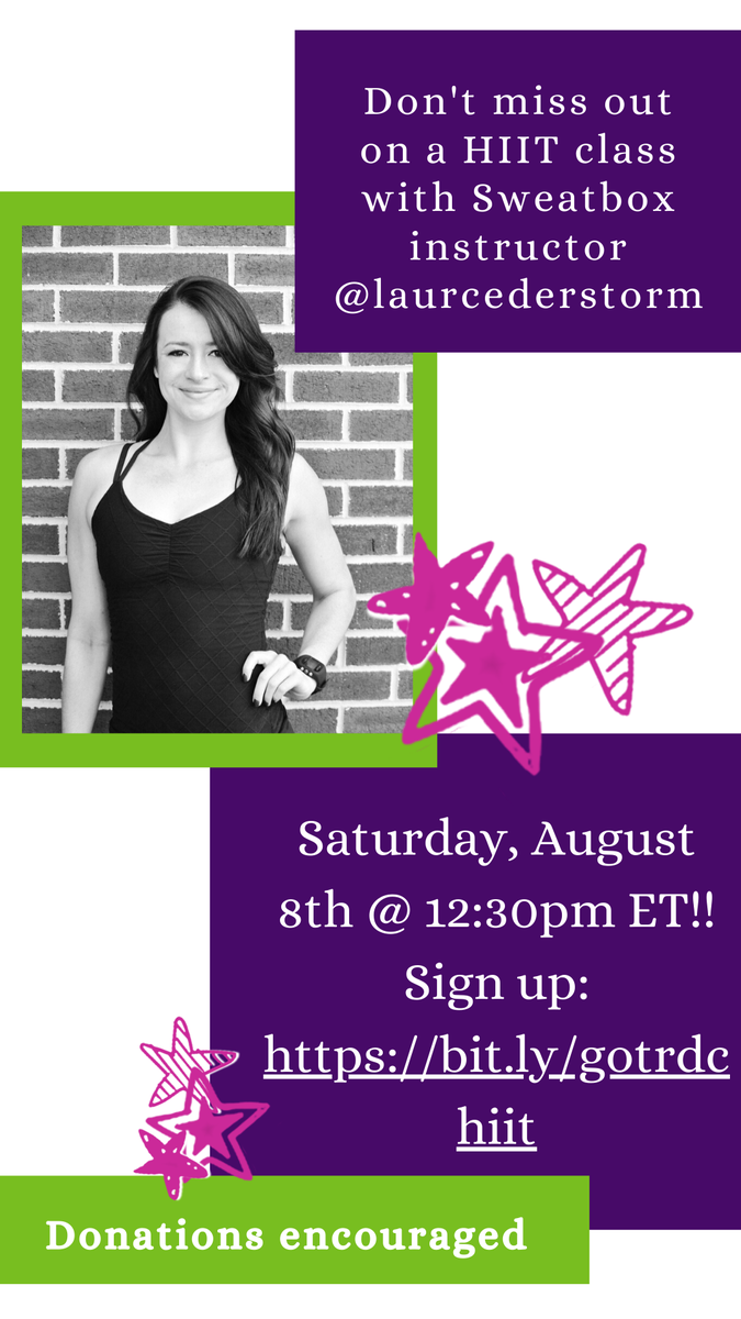 GOTRDC's tweet photo. Get your heart pumping at Lauren Cederstorms' HIIT class on August 8th benefitting GOTR-DC. Go to https://t.co/xQwaYMOLd5 to register!
#SweattoSupport #GOTRDC #Sweatbox #HIIT https://t.co/bCmWylUCD1