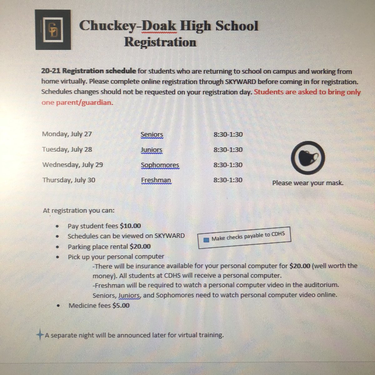 CDHSacademics's tweet photo. Attention: Please see dates for CDHS registration. If you are not a new student please register first on Skyward. https://t.co/qS5KbL9K4L