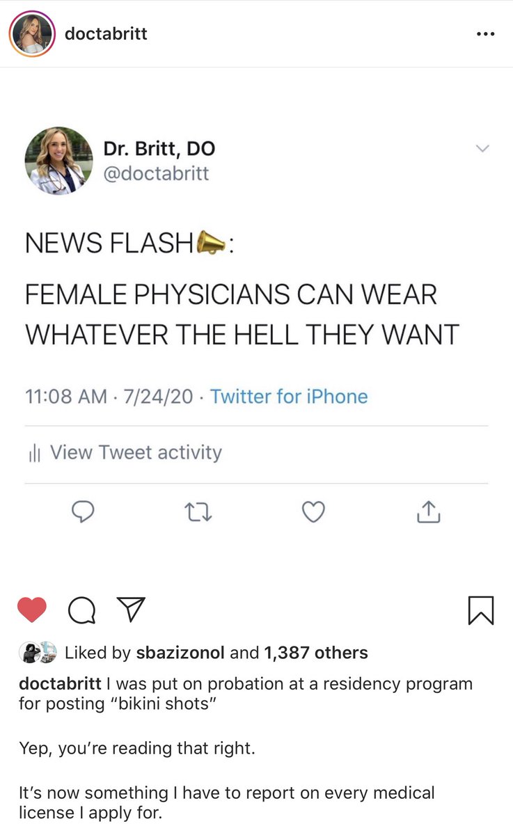 medburnbook's tweet photo. ππ» women have literally been put on probation, which permanently influences career, for bikini shots on their instagram.
in case you thought it wasnβt a βrealβ issue or a one-off https://t.co/9IJAYHxstD