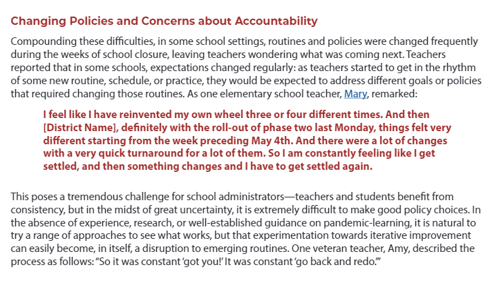 Two other substantial teacher challenges emerged: rapid policy changes during the pandemic make it hard to plan consistently. 8/20