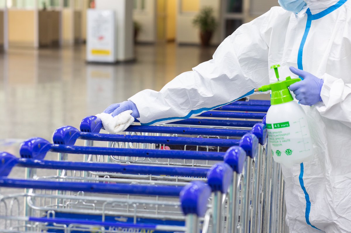 FlyRwandAir's tweet photo. Counters, self check-in kiosks, baggage trolleys, security screening bins and other surfaces will be frequently cleaned and disinfected to ensure optimal hygiene at Kigali International Airport.

#FlyTheDreamOfAfrica
#FlySafeWithUs https://t.co/tOymtrjJ8X