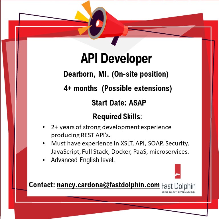 fastdolphin's tweet image. #APIDeveloper for a 4+ month project in Dearborn, MI.#JOB #ITJob #Job Apply:  nc@fastdolphin.com