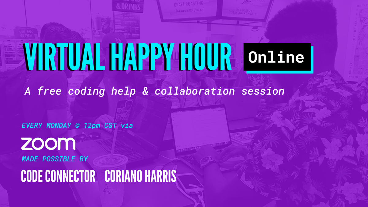 codeconnector_'s tweet photo. If you're interested in meeting with other developers and chatting about tech, life, etc. during your lunch break, you're more than welcome join us at our virtual table every Monday 12pm CST! https://t.co/oH8zhG62ee