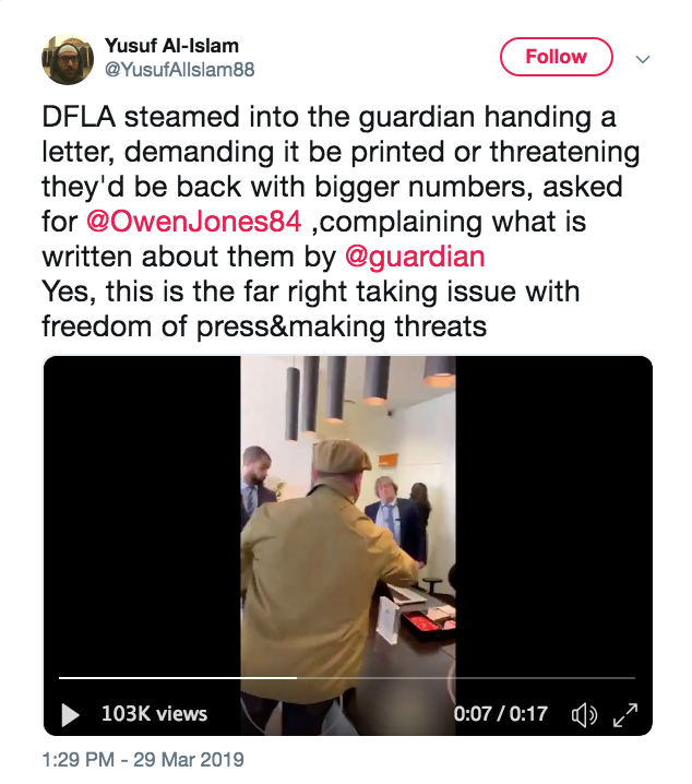 In March 2019, far-right activists from the DFLA stormed the Guardian's headquarters and demanded to see me