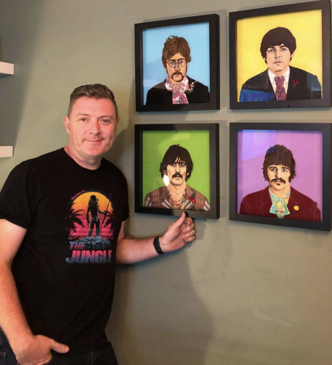 JaneSandersart's tweet photo. I LOVE IT WHEN PEOPLE SEND ME PICTURES OF MY WORK IN THEIR HOMES. DON’T THESE LOOK MINT!? THIS LOVELY MAN WAITED AGES TO GET HIS HANDS ON THE BEATLES AS THEY WERE TRAPPED IN THE GALLERY DUE TO THE LOCKDOWN. BUT NOW THEY ARE ALL HIS! @thebeatles #beatles #popart #textileportrait https://t.co/lSjbpX4W0X