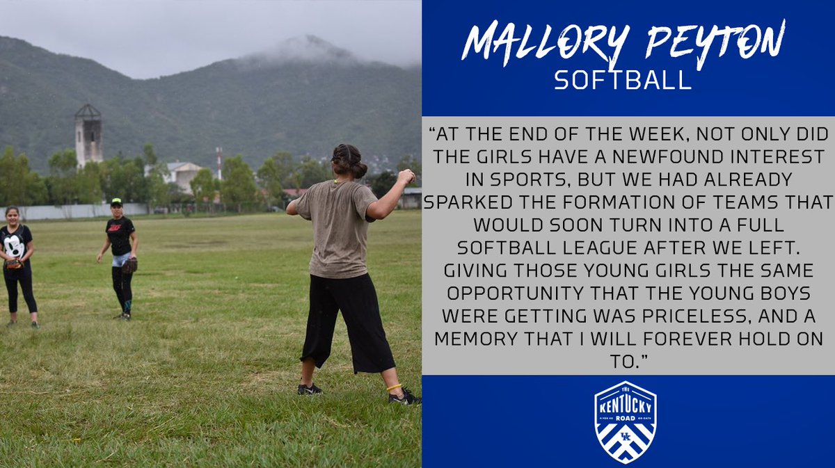 TheKentuckyRoad's tweet photo. Finally, we have @malpeyt from @UKsoftball! Mallory’s favorite community service memory is from her time in Jinotega, Nicaragua, where she taught young girls her softball skills, even through a language barrier! The power of sport is incredible! #TheKentuckyRoad #SECservice https://t.co/1iTezDSn6u