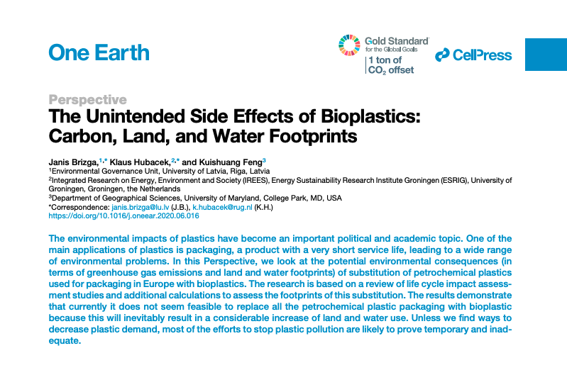 OneEarth_CP's tweet photo. New article from @Brizga @KlausHubacek and Kuishuang Feng assesses the #carbon, #land and #water footprints of meeting European #plastic packaging with bioplastics. https://t.co/Eok9FWH7pc https://t.co/o0RPlZQFZL