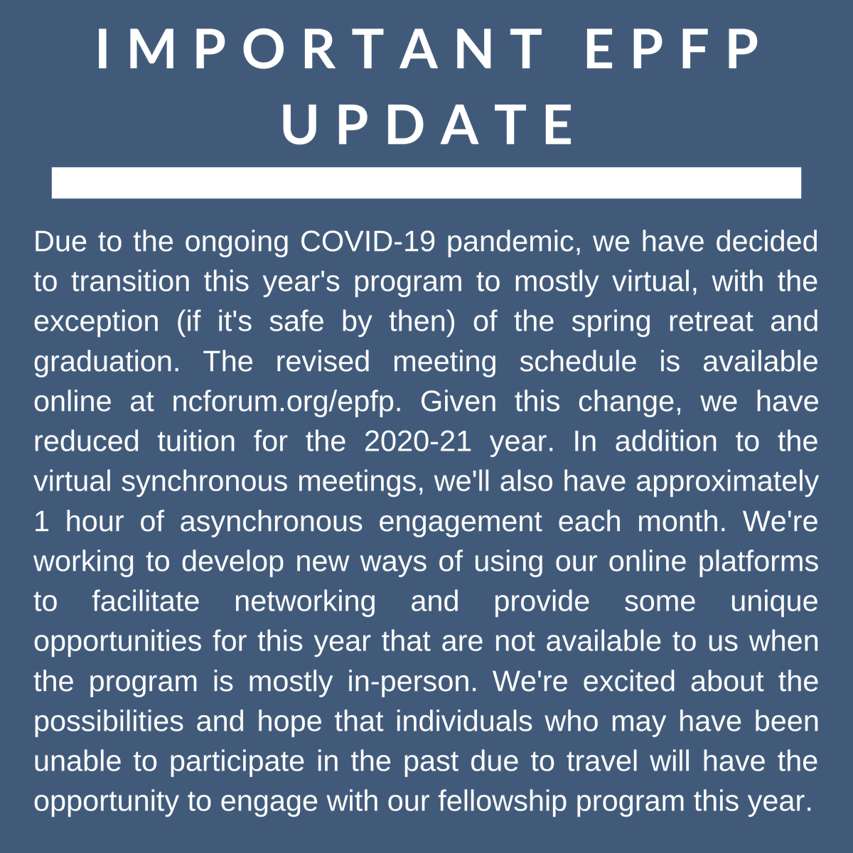 theNCForum's tweet photo. Interested in learning more about education policy? Join our 2020-21 Education Policy Fellowship Program! Visit https://t.co/3BUJPQUEvH to learn more about the program, schedule, and how to apply.
Due to COVID-19, our program this year will be virtual with reduced tuition. #nced https://t.co/7KEvLSfPwg