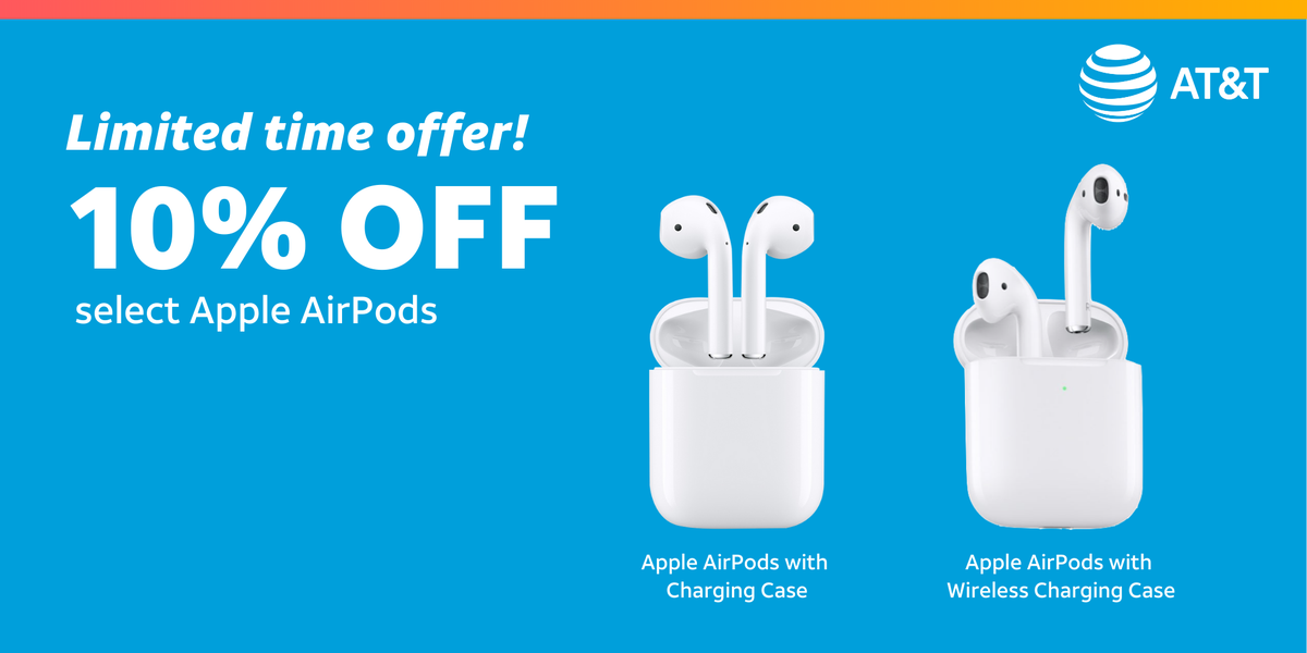 For a very limited time, get 10% off select Apple Airpods! Visit our AT&amp;T Store at 5621 Carolina Beach Rd, Unit B Wilmington, NC 28412 to purchase, or begin your online order at: att.com/stores/north-c…