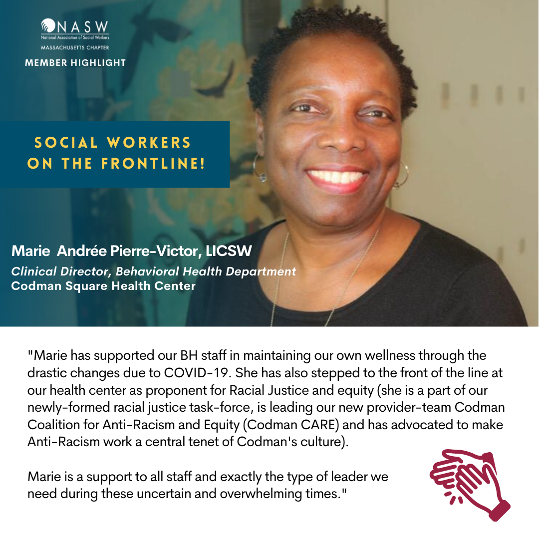 NASWMA's tweet photo. Today we celebrate our NASW member, Marie Andrรฉe Pierre-Victor, for being a social worker on the frontlines! NASW-MA thanks you for your commitment to our communities during these difficult times. Nominate a social worker: link in bio #NASWMA #SocialWorkers https://t.co/uWZnsS9Z22