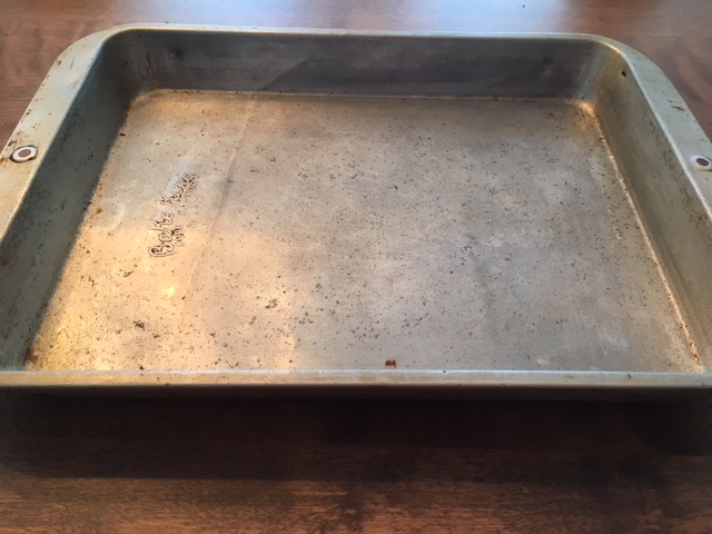 Bake King made this pan from aluminum in the USA. It is about 16 inches long and 11 inches wide—model no. H843. My mum believes she bought it from Zellers, a defunct Canadian chain, shortly after we emigrated to Canada in 1974. It is my favourite possession.