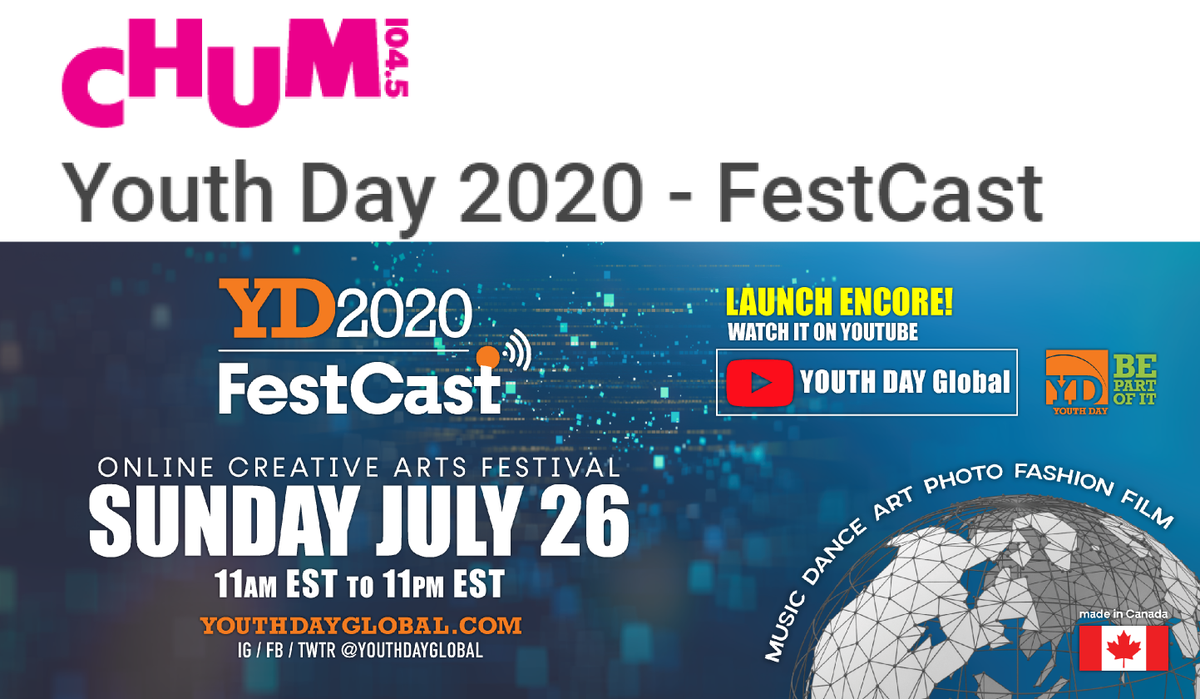 YOUTHDAYGlobal's tweet photo. THANK YOU CORPORATE HERO!
YD2020 FestCast “launch encore” - Sunday, JULY 26 11:00am-11:00pm – See you then!
Thank you for your patience! https://t.co/uqhQrcC7z1
#YouthDayGlobal #YouthDayToronto #BePartOfIt #YouthDayFestCast #YouthDay2020 #JuanCreates @peterlinseman @chum1045 https://t.co/LWuZKDWCmH