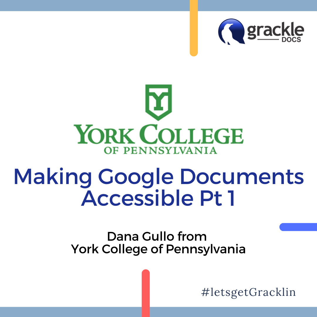 GrackleDocs's tweet photo. Watch Dana Gullo from York College of Pennsylvania explain how to make Google documents accessible using @GrackleDocs.
https://t.co/zXgSehF71J
#AccessibleIsSmart #LetsGetGracklin https://t.co/6HJ36L3vF4