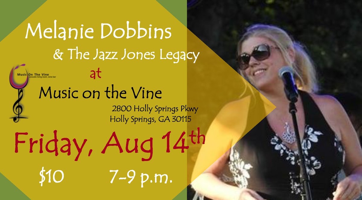 AtlPlayForward's tweet image. Acclaimed jazz vocalist Melanie Dobbins with Jazz Jones Legacy take the Music on the Vine outdoor stage in Holly Springs on Friday,  August 14!  Tickets on sale now: eventbrite.com/e/melanie-dobb… @leaveittomellie