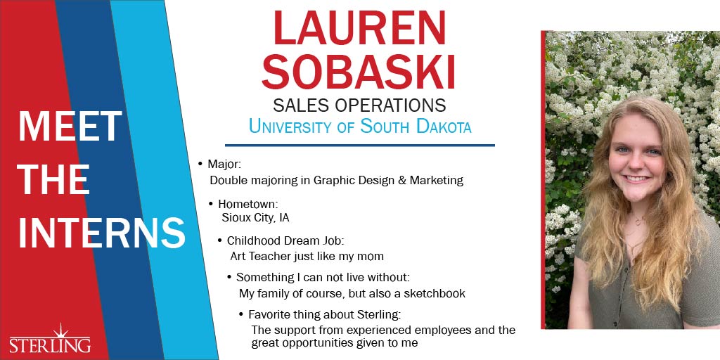 SterlingComp's tweet photo. Team Sterling would like to welcome #Sales #Operations #intern, Lauren Sobaski! Lauren will be a sophomore at the @usd this fall. Thanks, Lauren for all the hard work you have done at Sterling this summer! #wearesterling https://t.co/q91OJd0B2U