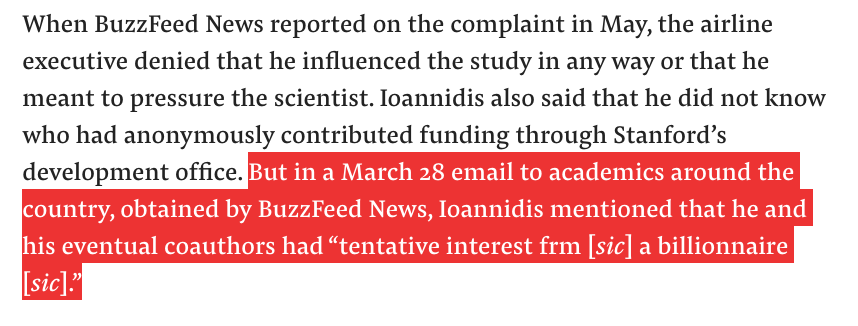 Ioannidis went on to show in studies that COVID wasn’t risky for most people. You may recall THE antibody study.In May, when I reported the JetBlue founder had funded that study, Ioannidis claimed to not know who his funders were.So I found this March email interesting...