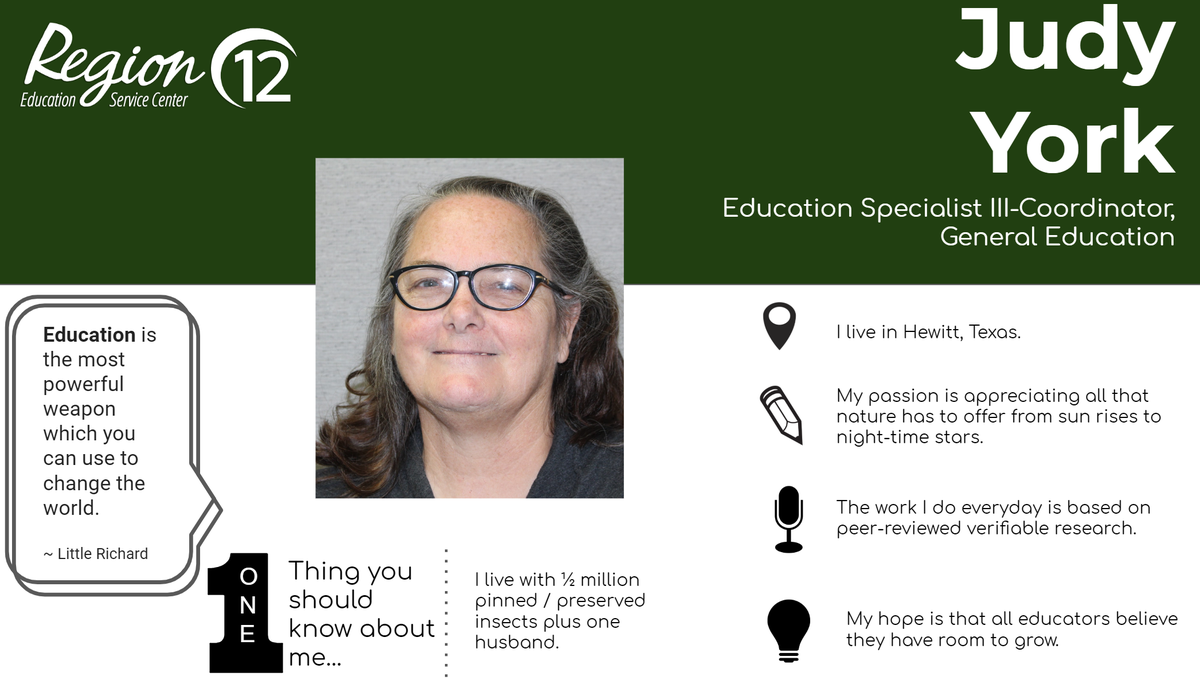 R12_CC's tweet photo. Meet Judy! 

She is our secondary science specialist. Judy is currently researching and passionate about flexible seating in the classroom. 

Follow -- @JudyYorkSciED 
About -- https://t.co/BAezwMxXpC

@Region12 @LEx_Collab #r12genedge #txed #Baylor #Texas #education https://t.co/oZEsxysqyb
