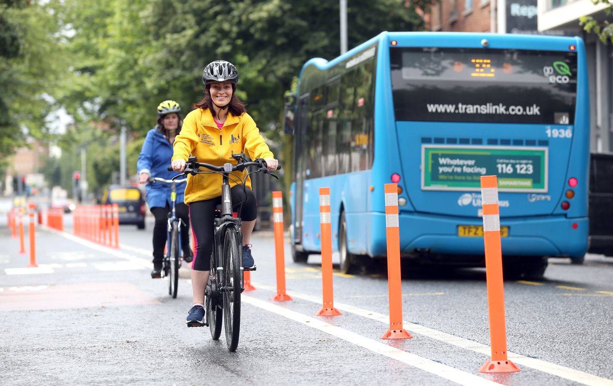 cont'd: Update from Dublin  via  @deptinfra : Infrastructure Minister  @NicholaMallon pops on her bike for Belfast pop up cycle lanes. New pilot lanes on the Dublin, Grosvenor and Crumlin Roads are designed to encourage active travel.