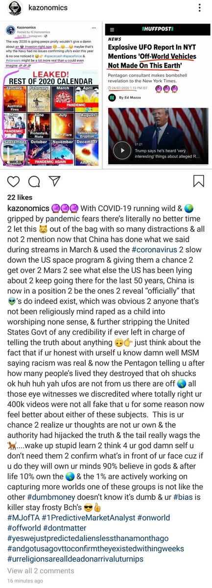2020 Leaked Calendar by <a href="/kazonomics/">Kazonomics</a> A typical week, Kaz displaying insane accuracy by keeping everyone on the right side 🤑 whilst predicting aliens 👽 and solar flares?! 🔮🤯 Nice knowing you all come December 👉instagram.com/p/CDCDNXsAHTD/… #trading #bitcoin #markets #forex #stocks